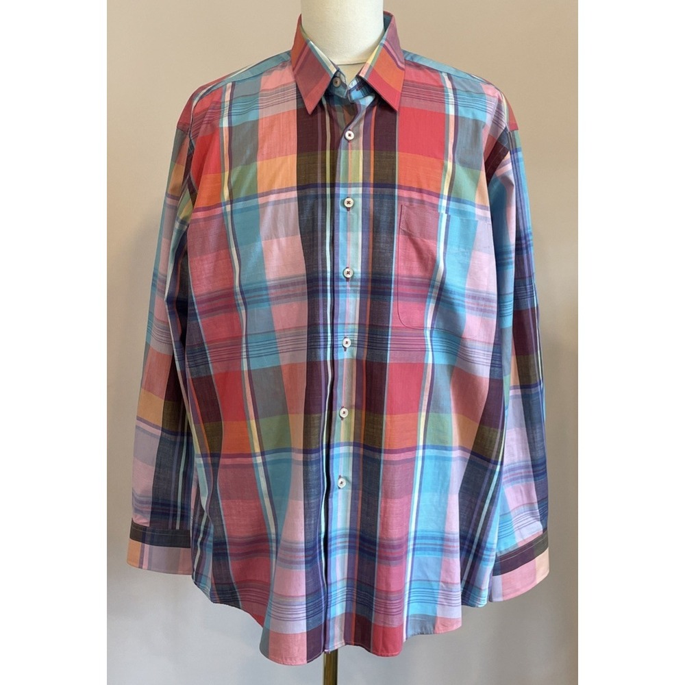 Alan Flusser Men's Colorful Plaid Casual Button Down Shirt XL 100% Cotton EPC